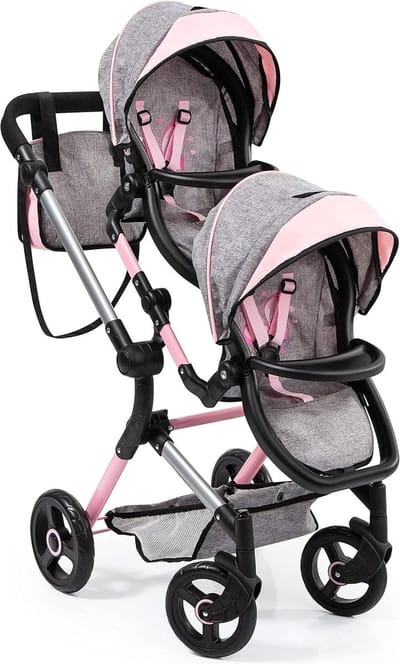 Twin Neo Tweeling poppenwagen verstelbare- zwenkbaar duwstang met tas roze grijs - Voor poppenmoeders Duo kinderwagen