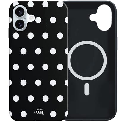 xoxo Wildhearts Polka Dots (Zwart) - Double Layer - Magnetisch hoesje geschikt voor iPhone 16 MagSafe - Hard case met stippenpatroon - Beschermhoes - Shockproof case - Stippatroon - Zwart / Wit