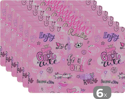 Placemat - Placemats kunststof - Meisjes - Tiener - Roze - Quotes - Patronen - 45x30 cm - 6 stuks - Hittebestendig - Anti-Slip - Onderlegger - Afneembaar