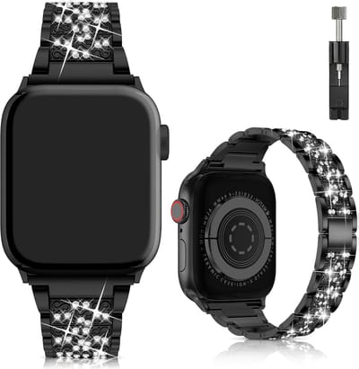 Stravo Luxe Elegante Diamant Shining Bandje Geschikt voor Apple Watch 42mm (Series 11/10), 41mm (Series 9/8/7), 40mm (Series 6/5/4, SE 3/2/1), 38mm (Series 3/2/1) - Zwart - iWatch Bandje Sieraden, Verstelbaar Metaal Horlogebandje