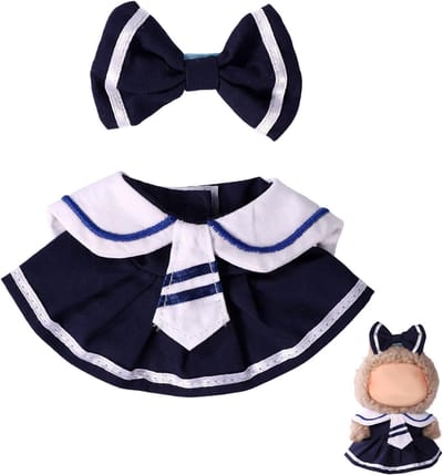 Kledingset voor poppen van 6,7 inch - geschikt voor Labubu's - schattige marineblauwe outfit - haarclipontwerp - verjaardagscadeau-accessoire (alleen outfit, pop niet inbegrepen)