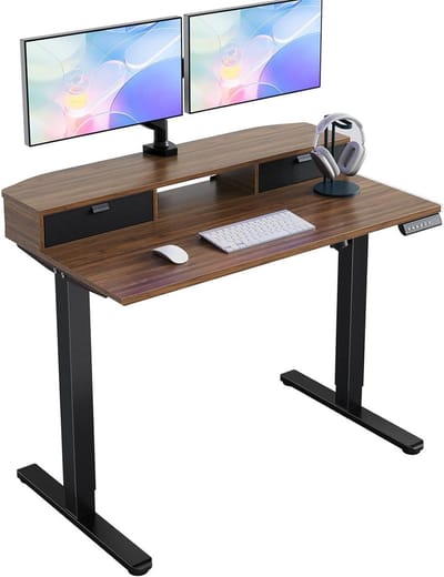 Bureau met laden - Verstelbaar werkstation - Comfortabel werken - Vier geheugenstanden - 100x60 cm - Donker walnoot