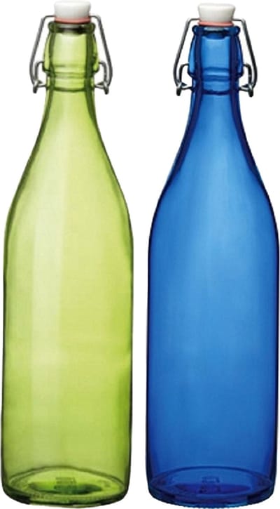 Bormioli Rocco deco of weckflessen set - 4x stuks - met beugeldop - 30 cm - 1 liter - blauw en groen - Giara water fles