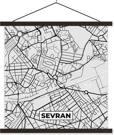 Posterhanger incl. Poster 60x60 cm - Schoolplaat - Plattegrond - Sevran - Stadskaart - Kaart - Frankrijk - Textielposter - Zwarte latten - Stadskaart