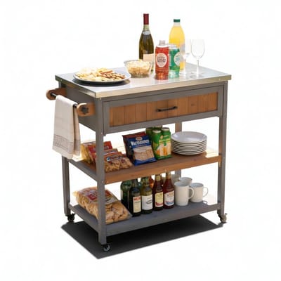 Coemo JAMES houten serveerwagen, keukeneilandwagen met vergrendelbare wielen, roestvrijstalen tafelblad, ook ideaal voor tuin, terras en barbecues 82 x 53 x 92 cm, Grijs