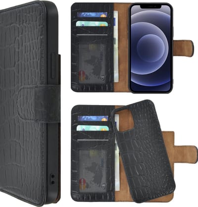 Pearlycase Hoesje Geschikt voor iPhone 12 Mini hoesje - Bookcase - Portemonnee Hoes 2in1 Uitneembaar Echt leer Wallet case Croco Zwart