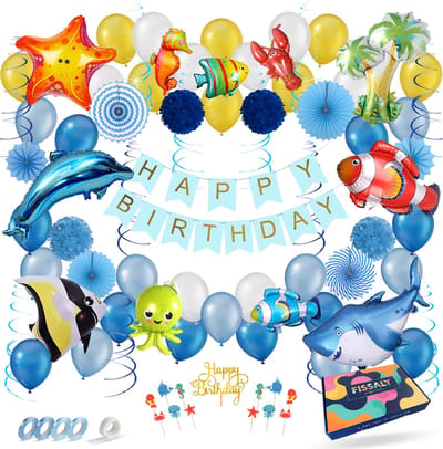 Fissaly 88 Stuks Zee Verjaardag Versiering Set – Oceaan Vissen Feest Decoratie – Verjaardag Feestversiering – Dolfijn, Haai, Zeepaard, Zeester, Kreeft, Vis & Octopus – Maritieme Themafeest