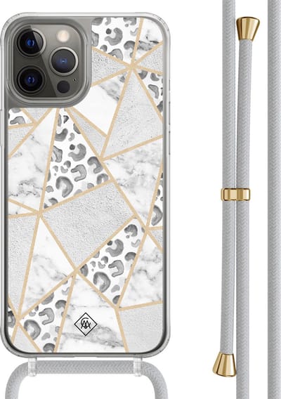 Casimoda® hoesje met grijs koord - Geschikt voor iPhone 12 Pro - Stone & Leopard - Afneembaar koord - TPU/polycarbonaat - Grijs