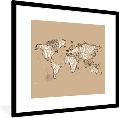 Poster in lijst - Fotolijst 40x40 cm - Posters - Wereldkaart - Bruin - Wit - Letters - Posterlijst zwart - Decoratie - Wanddecoratie woonkamer - Muurdecoratie slaapkamer