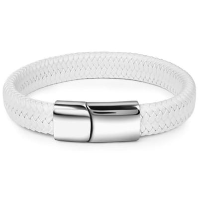 Victorious Gevlochten Leren Armband Heren – RVS Roestvrij Staal Sluiting – Wit – 22cm