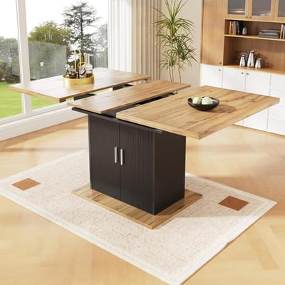 Uitschuifbare Eettafel - Eettafel met Opbergruimte - Samen Eten - Golfkastdeur Design - 110-140x70x76 cm - Natuurlijk en Zwart