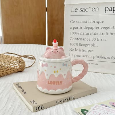 Nieuwe Leuke Keramische Waterbeker Verjaardagscadeau voor Meisjes Mok van Hoge Waarde met Deksel Taartbeker 301-400ml