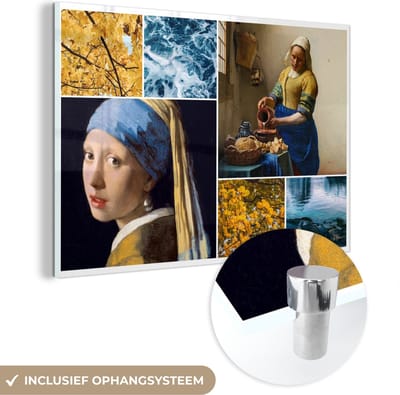 MuchoWow® Glasschilderij 120x80 cm - Schilderij acrylglas - Melkmeisje - Meisje met de parel - Collage - Foto op glas - Schilderijen