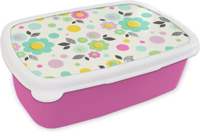 Broodtrommel Roze - Lunchbox - Brooddoos - Patronen - Bloemen - Bladeren - 18x12x6 cm - Kinderen - Meisje