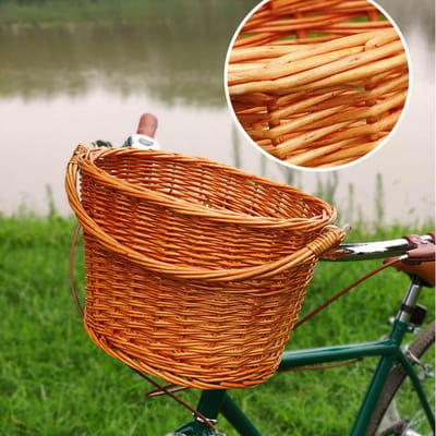 Rieten Fietsmand - Stuurmand Geweven - Fietsen Boodschappen - Met Deksel Sluiting - 33x25x24 cm - Natuurlijk