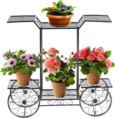 COSTWAY Plantenrek metaal, bloemenrek zwart, bloemenstandaard met 6 planken, plantenhouder voor binnen en buiten, plantenstandaard balkon tuin, vrijstaande bloemenwagen