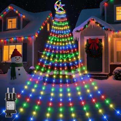 MUPOO 3,47 meter Vlaggenmast Verlichting - LED Kerstboom Buiten Kerstverlichting - 350 Multicolour LED Lampjes - met Topper Moon Star - 8 modi - Timer