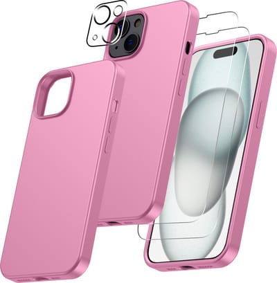 Hoesje Geschikt voor iPhone 15 Plus – Zacht siliconen liquid backcover met 2x screenprotector gehard glas en 1x lens protector – Licht Roze