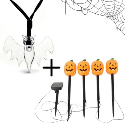 Halloween solar verlichtingsset - Vleermuis en Pompoen - Halloween verlichting - Lichtslinger en priklampen - Feestverlichting