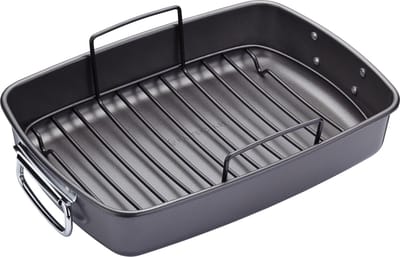 KitchenCraft MasterClass Braadpan Met Antiaanbaklaag en Rooster - ‎Heavy Duty Roestvrij Staal 28 x 7,5 x 40 Centimeter