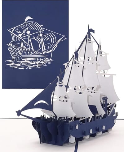 3D Pop-up Kaart Zeilschip Vier-Master Verjaardag en Uitnodiging