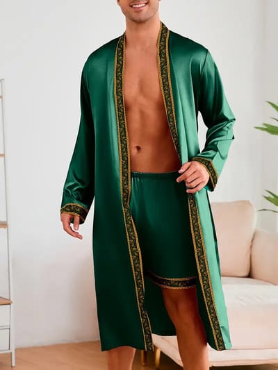 ochtendjas badjas groen pyjama satijn heren nachtkleding goedkoop huispak comfort mannen glans elastisch lange mouwen korte broek