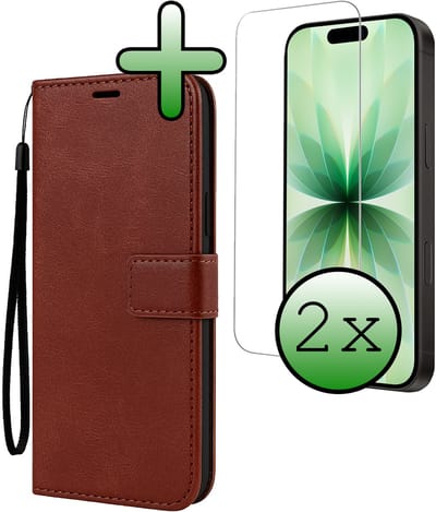 Hoesje Met 2x Screenprotector - Geschikt voor Apple iPhone 17 - Luxe Pasjeshouder - Bookcase Portemonee - Flip Case - Kunstleer Book Case - Flipcase Hoes - Book Cover - Walletcase - Portemonneehoes - Bruin