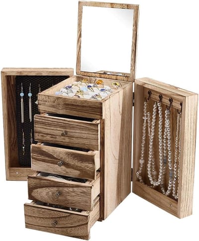 Houten sieradenkistje voor dames met 5 vakken en spiegelladen, rustieke opbergdoos voor halskettingen en oorbellen, perfect als cadeau voor verjaardag of jubileum