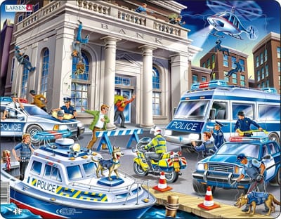 Larsen De politie – Puzzel – Voertuigen & Techniek – Politie – Educatieve legpuzzel voor kinderen – 43 stukjes – Gemaakt in Noorwegen – Extra dikke 2,5 mm stukjes – Tray met vaste rand