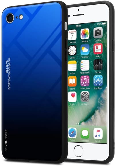 Cadorabo Hoesje geschikt voor Apple iPhone 7 / 7S / 8 / SE 2020 in BLAUW - ZWART - Tweekleurige beschermhoes van TPU-silicone Case Cover en achterzijde van gehard glas