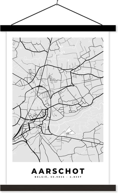 Posterhanger incl. Poster 40x60 cm - Schoolplaat - Kaart – Plattegrond – Stadskaart – Aarschot – België – Zwart Wit - Textielposter - Zwarte latten - Stadskaart