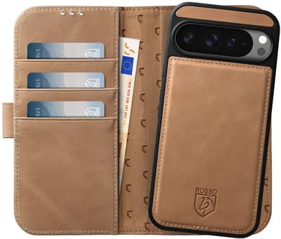 Rosso Elite Hoesje Geschikt voor Google Pixel 9 Pro XL | Compatibel met MagSafe | Book Case en Back Cover | Magnetisch Uitneembaar | Echt Leer Beschermhoes met Pasjeshouder | Lichtbruin