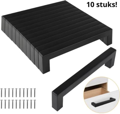 Handgreep Zwart Vierkant – 128mm Hartafstand – Mat Zwart Keukengreep – Moderne Meubelgreep – Deurgrepen Kastgrepen – RVS Look – Inclusief Schroeven - 10 Stuks
