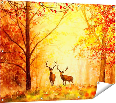 Gards Tuinposter Getekende Herten in het Bos - Herfst - 120x90 cm - Tuindoek - Tuindecoratie - Wanddecoratie buiten - Tuinschilderij