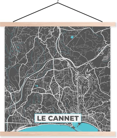 Posterhanger incl. Poster 40x40 cm - Schoolplaat - Frankrijk - Stadskaart - Le Cannet - Frankijk - Plattegrond - Kaart - Textielposter - Blanke latten - Stadskaart