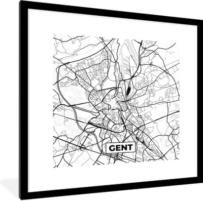 Fotolijst incl. Poster Zwart Wit- Stadskaart – Plattegrond – België – Zwart Wit – Gent – Kaart - 40x40 cm - Posterlijst