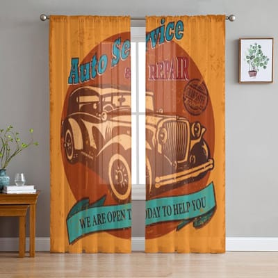 Vintage Auto Service Retro Poster Transparante Gordijnen voor Woonkamer Transparant Tule Raamgordijn Slaapkamer Keuken Voile Drapes 135W x 114H(cm) brown