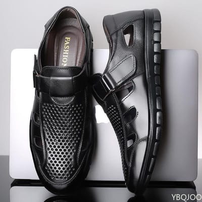 Luxe Business Casual Schoenen Echt Leer Heren Sandalen Heren Zomer Nieuw Holle Anti-slip Werkschoenen Comfortabele Heren Sandalias 38 gray
