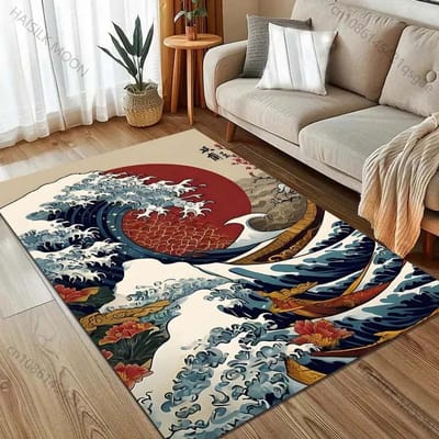 Nieuwe Kanagawa Golven Japan Patroon Tapijt Kinder Speelmat voor Slaapkamer Decor Speelkamer Woonkamer Tapijt Zachte Cadeaus 40x60cm (16x24in) black