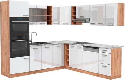 Vicco Hoekkeuken R-Line, Wit Hoogglans/Goudkleurig Eiken, 247 x 237 cm, WB Marmer