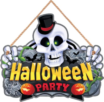 Fiestas Guirca - Houten hangbord skull Halloween party - 35 x 20 cm - Halloween - Halloween Decoratie - Halloween Versiering