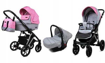 BabyLux® Kinderwagen 3in1 – MARLUX MAGNETIC - SMALL ROSES OF PINK SILVER FRAME - Opklapbare Wandelwagen incl. Reiswieg, Multifunctionele Buggy Sportstoel, Autostoel - Combi-kinderwagen met Luiertas, Regenhoes, Klamboe, Bekerhouder, etc.