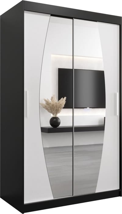 InspireMe - Kledingkast met 2 schuifdeuren, Modern-stijl, Een kledingkast met planken en een spiegel (BxHxD): 120x200x62 - GLOBE 120 Zwart Mat + Wit Mat
