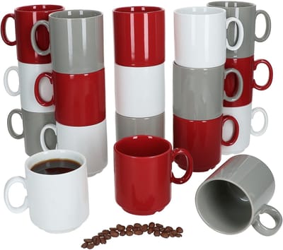 18-delige set EVENT stapelbare koffiemokken TRIO grijs wit rood porselein 250 ml