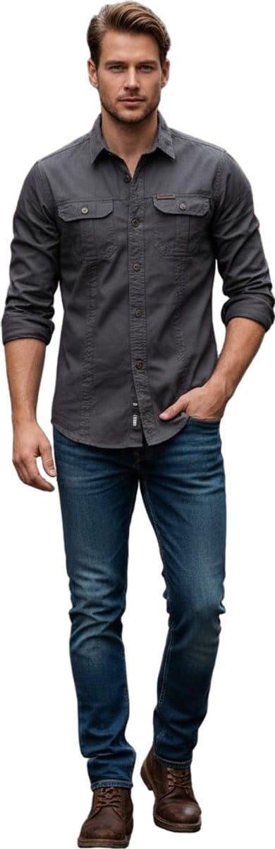 Cargo Overhemd Heren - Blouse - Grijs - Zakken - Knopen - Lange Mouwen - Maat M