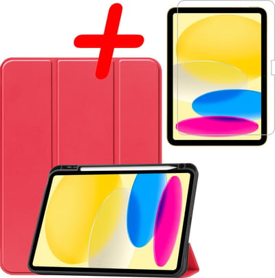 Hoesje Geschikt voor Apple iPad 10 (2022) - 10.9 inch - 10e Generatie - Met Screenprotector - Trifold Bookcase - Hard Cover Case - Met Uitsparing Geschikt voor Apple Pencil - Hardcover Book - Tablet Hoes - Rood