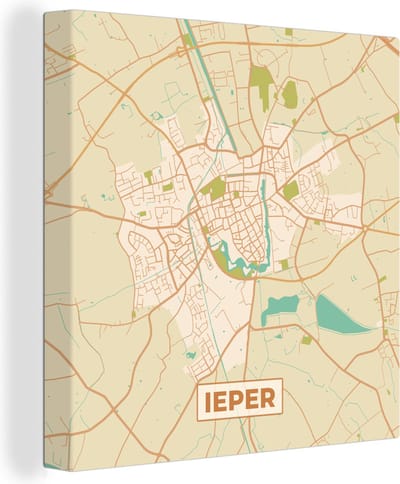 Canvas Schilderij Vintage - Ieper - Plattegrond - Kaart - Stadskaart - 20x20 cm - Wanddecoratie