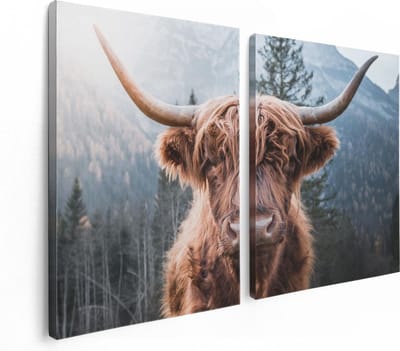 Artaza Canvas Schilderij Tweeluik Schotse Hooglander Koe In De Bergen - 120x80 - Foto Op Canvas - Canvas Print