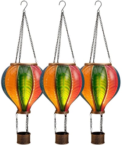 Anna's Collection Solar luchtballon lantaarn - 3x - multi - hangend - 20 led lampjes - vlam effect - 14 x 45 cm - zonne-energie - tuinverlichting