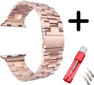 Strap-it Stalen schakel band - Geschikt voor Apple Watch bandje - Series 1/2/3/4/5/6/7/8/9/10/11/SE/SE2/SE3 - Rose Gold - Metalen band met RVS vlindersluiting - maat: 38 / 40 / 41 / 42mm - Met inkorter toolkit